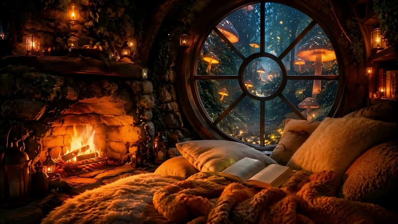 Cozy Nook Ambience | Fantasy Music, Crackling Fire & Calming Rain Sounds For Sleep, Study & Relaxing