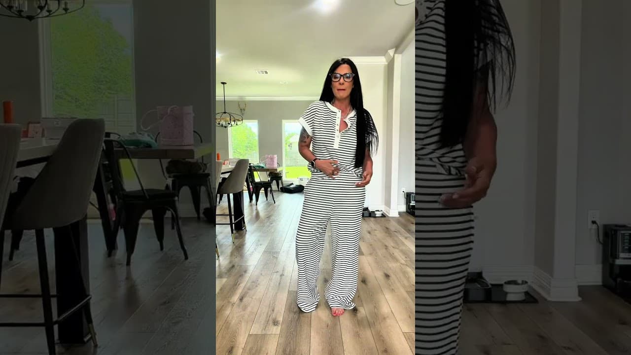 Tankaneo Womens Striped 2 Piece Outfits Short Sleeve Button Up Henley Shirt Wide Leg Pants Pajamas