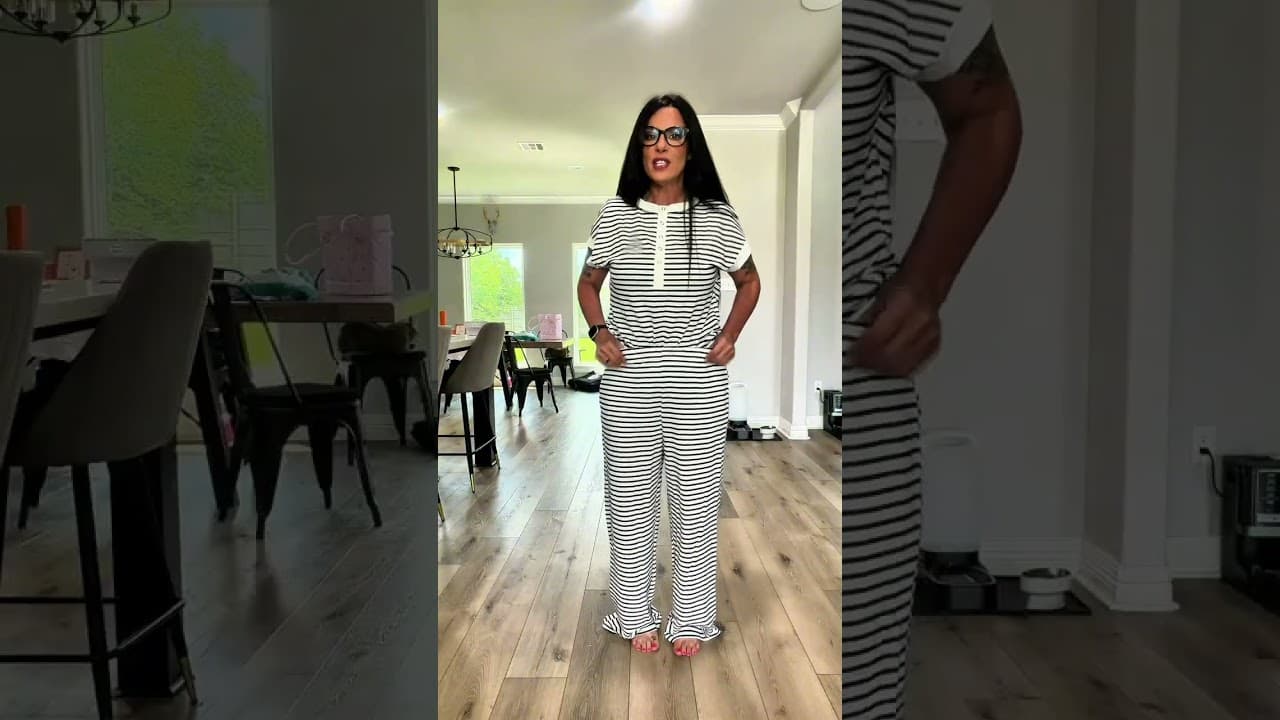 Tankaneo Womens Striped 2 Piece Outfits Short Sleeve Button Up Henley Shirt Wide Leg Pants Pajamas